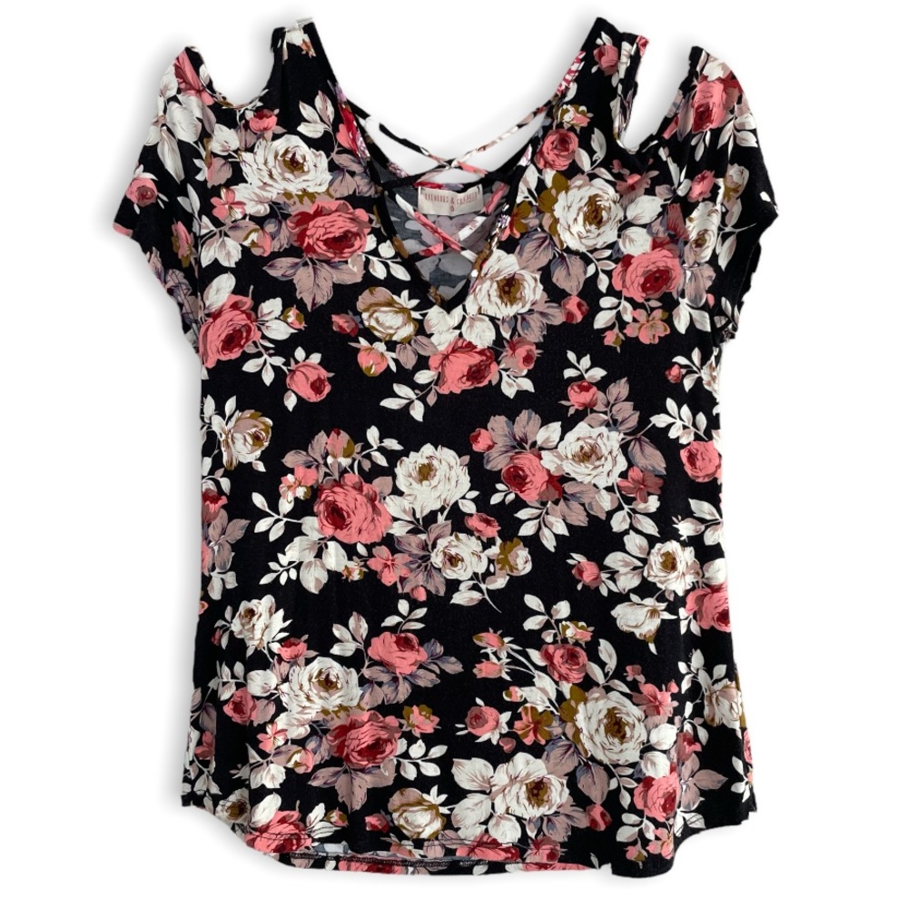RAINBOWS & CUPCAKES Floral Cold Shoulder Criss Cross Neckline Top
